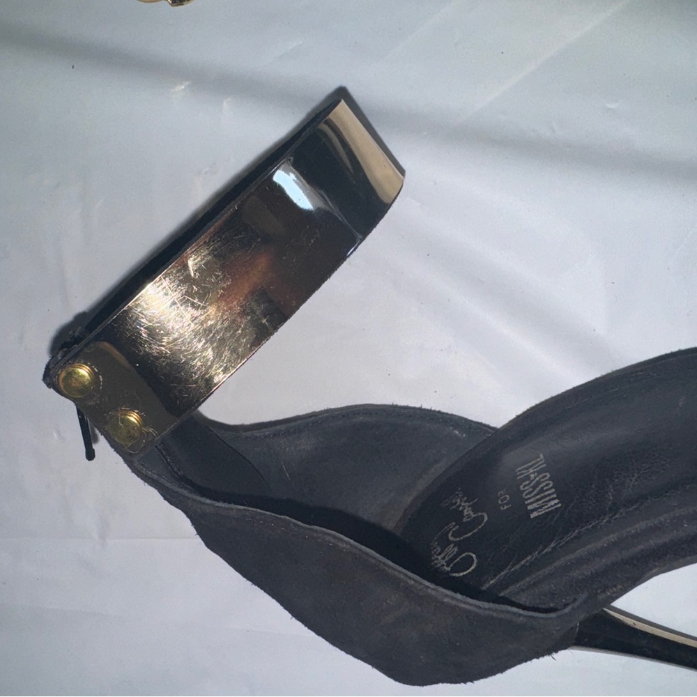 Jeffrey Campbell Malice Shoe "F-u-c-k  Off" Black Suede Gold Chain Heel Size 8.5 - Picture 11 of 14